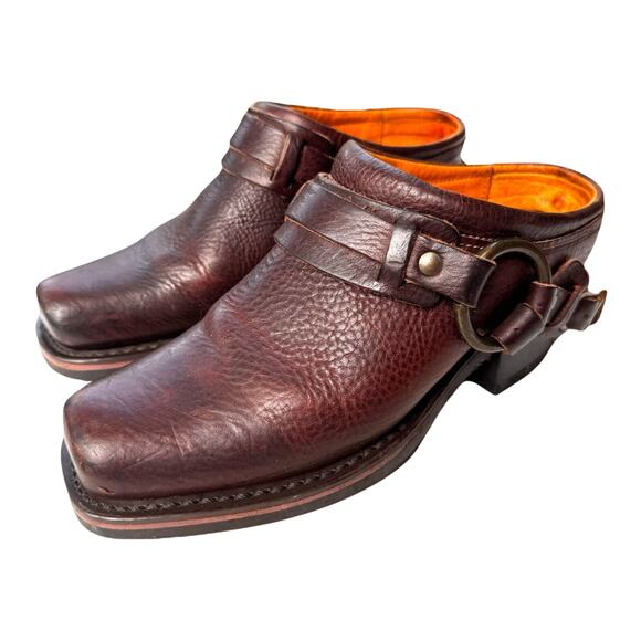 Vintage Frye Harness Chocolate Pebbled Leather Clogs | Brown Slip-On Mules USA - Picture 3 of 14